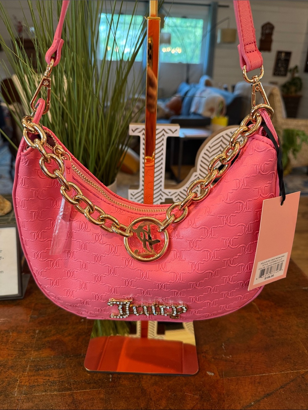 Juicy Couture Hot Pink Logo Embossed Chain-Accent Shoulder Bag